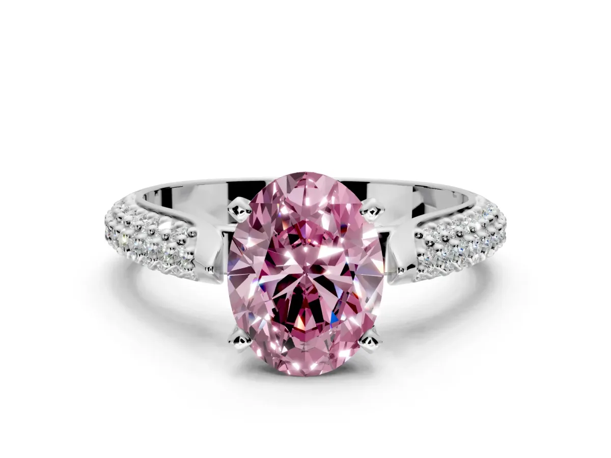 Solitaire Engagement Ring Setting for Fancy Pink Oval Center with Multi-Row Accents and Prong Head in Sterling Silver