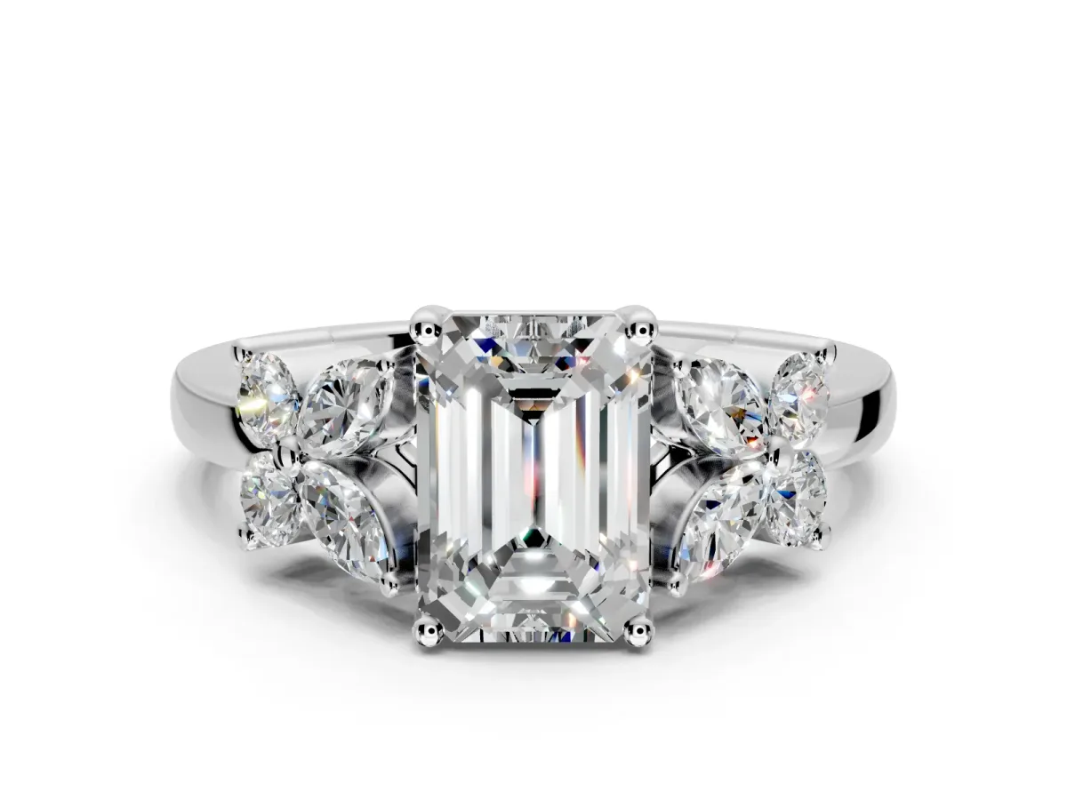 Floral Engagement Ring Setting for Emerald Cut Center with Marquise Cluster Shoulders and Prong Head in White Gold