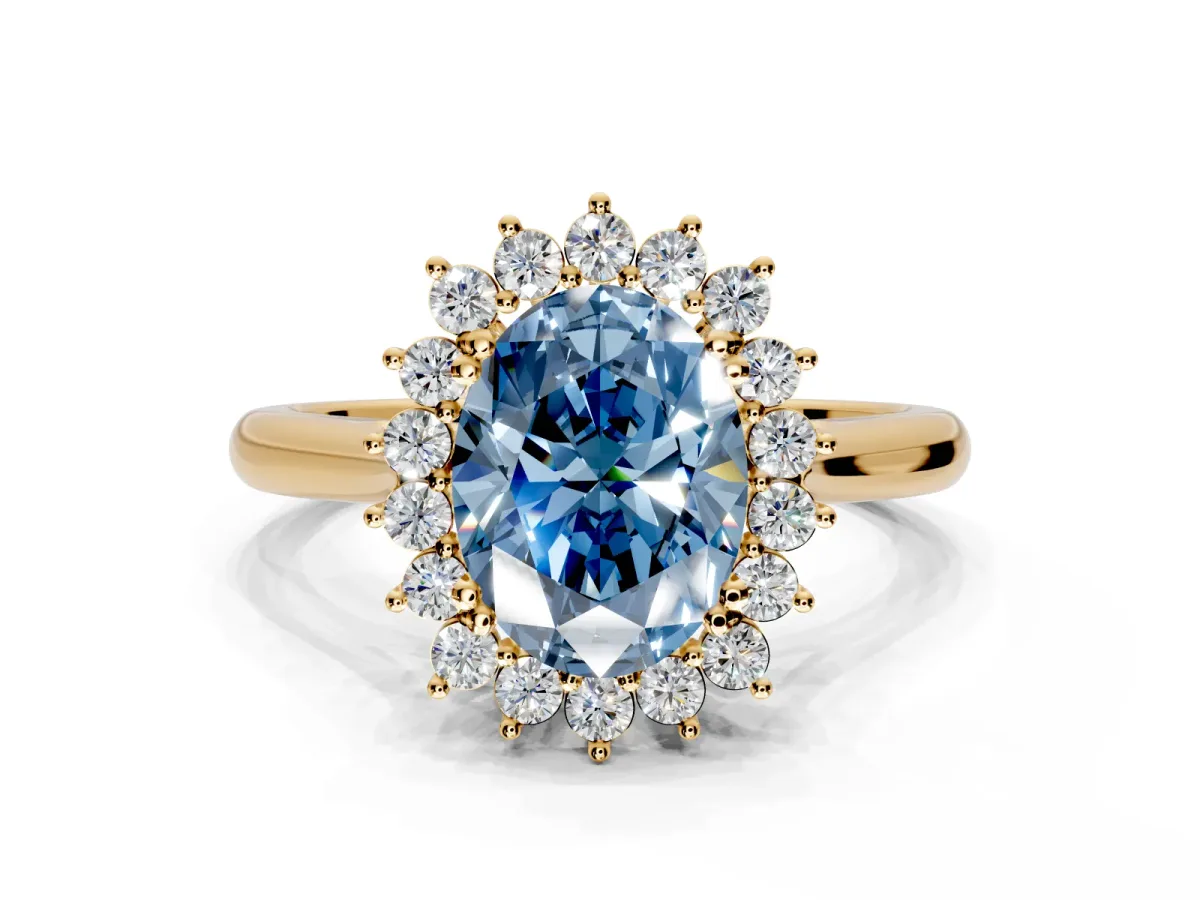 Starburst Halo Engagement Ring Setting for Fancy Blue Oval Center with Thin Round-Wire Band and Prong Head in Yellow Gold