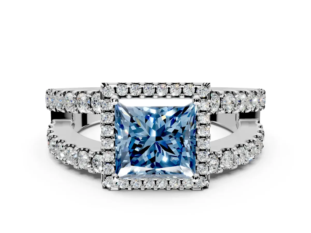Halo Engagement Ring Setting for Fancy Blue Princess Cut Center with Wide-Open Pave Split Shank and Prong Head in Platinum
