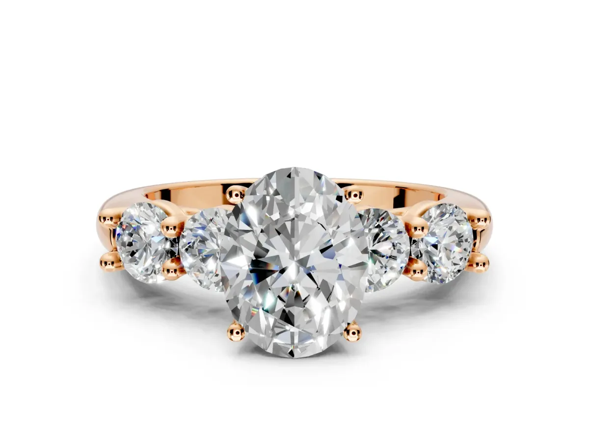 5 Stone Engagement Ring Setting for Oval Center with Graduated Accents and Prong Head in Rose Gold