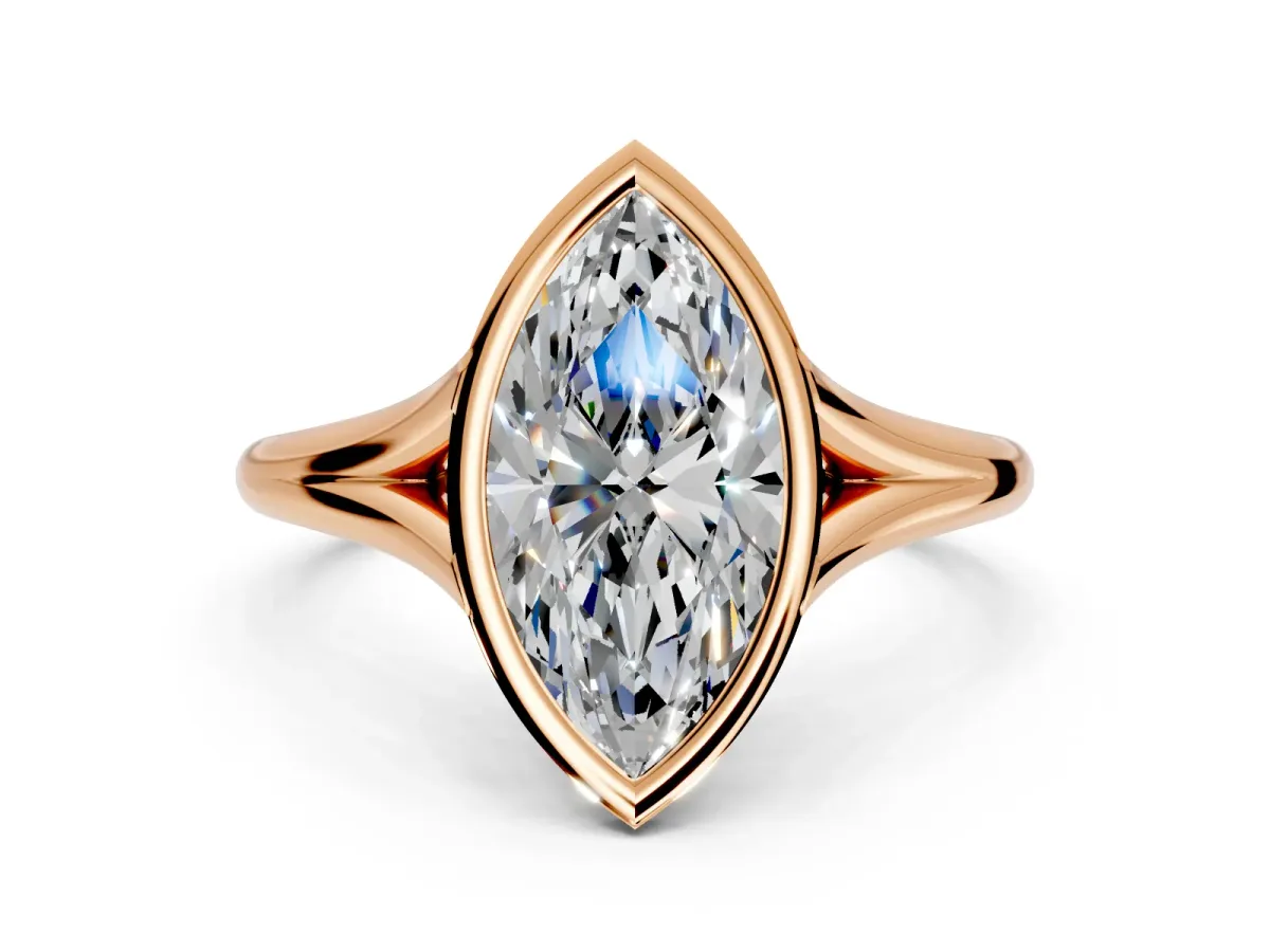Solitaire Engagement Ring Setting for Marquise Center with V Split Shank and Bezel Head in Rose Gold