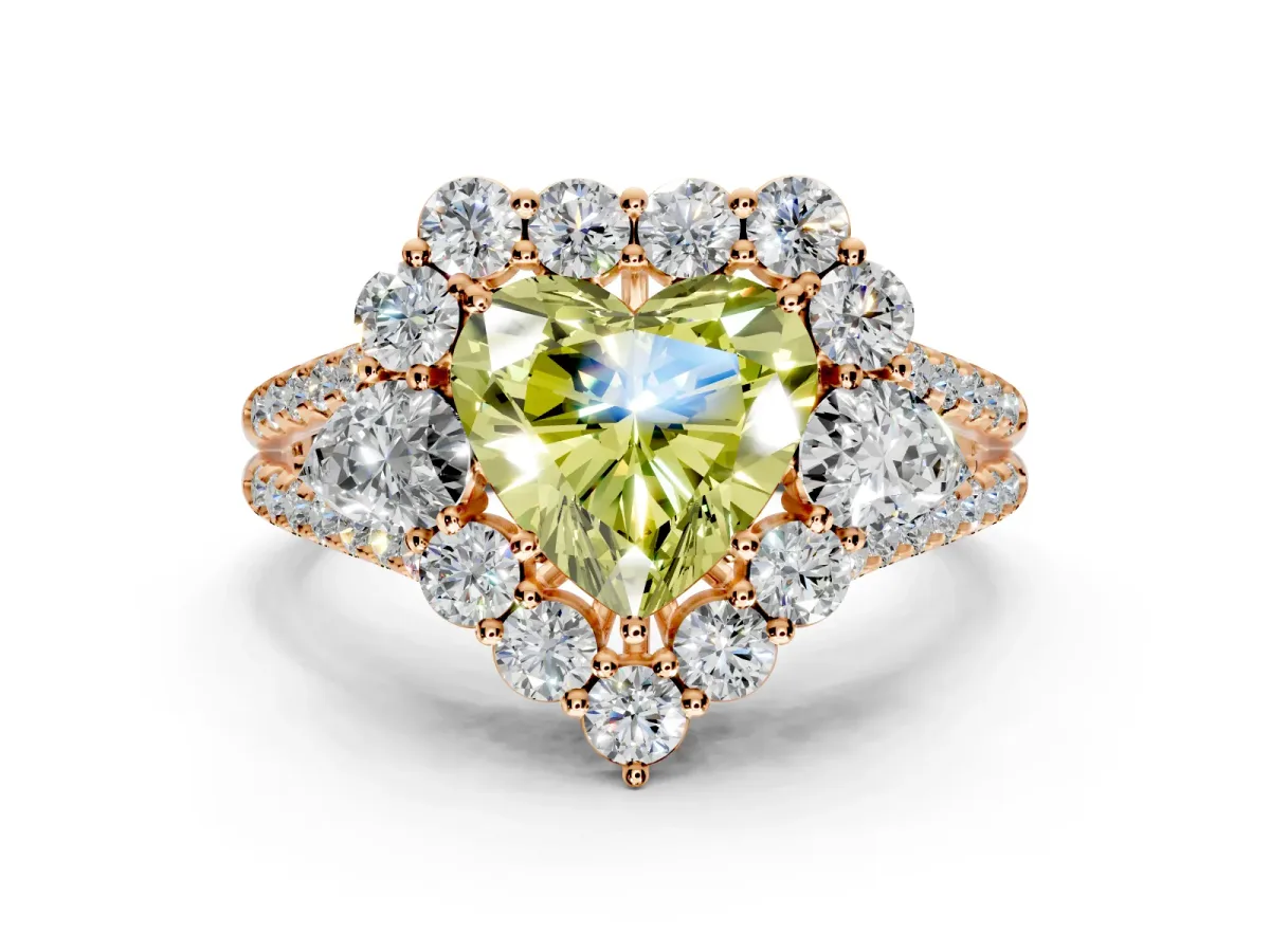 Halo Engagement Ring Setting for Fancy Yellow Heart-Shaped Center with Two-Strand Split Shank and Prong Head in Rose Gold