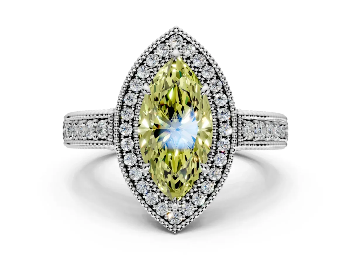 Milgrain Halo Engagement Ring Setting for Fancy Yellow Marquise Center with Pave Band and Prong Head in Platinum