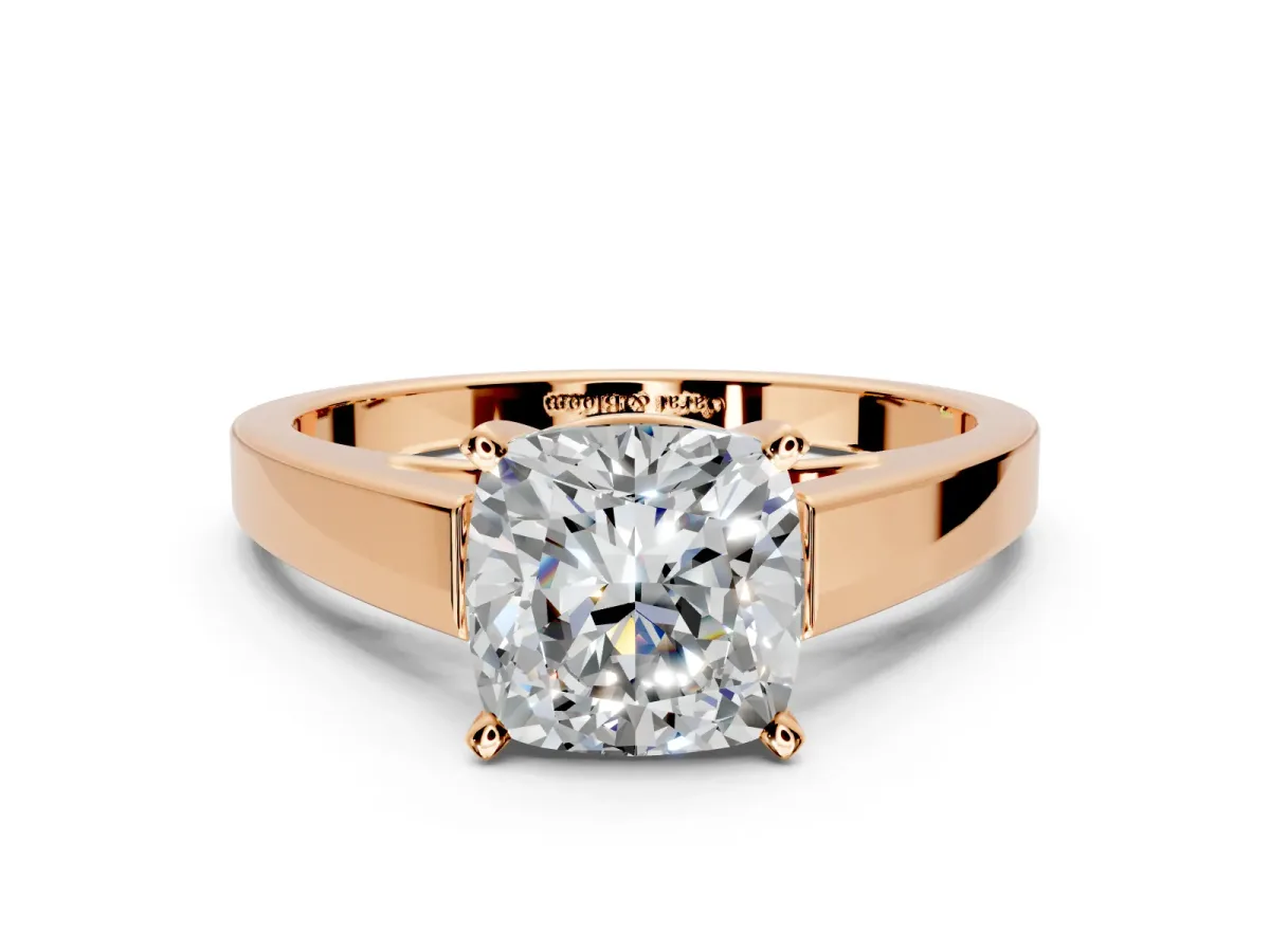Solitaire Engagement Ring Setting for Cushion Cut Center with Tapered Split Shoulders and Prong Head in Rose Gold