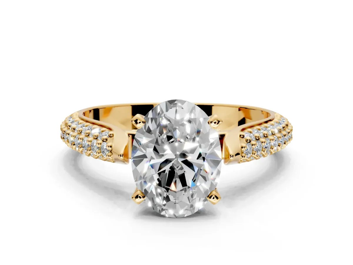 Solitaire Engagement Ring Setting for Oval Center with Multi-Row Accents and Prong Head in Yellow Gold