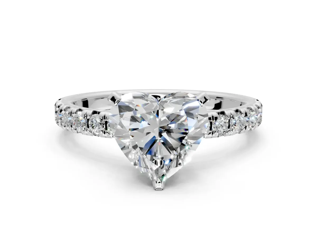 Solitaire Engagement Ring Setting for Heart-Shaped Center with Large Accents and Prong Head in Sterling Silver