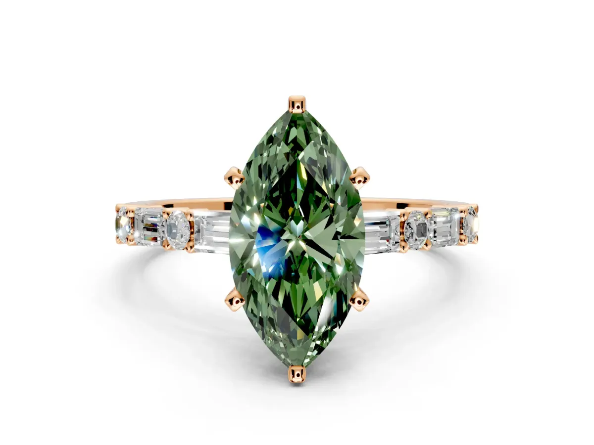 Baguette Engagement Ring Setting for Fancy Green Marquise Center with Alternating Bar-Set Band and Prong Head in Rose Gold