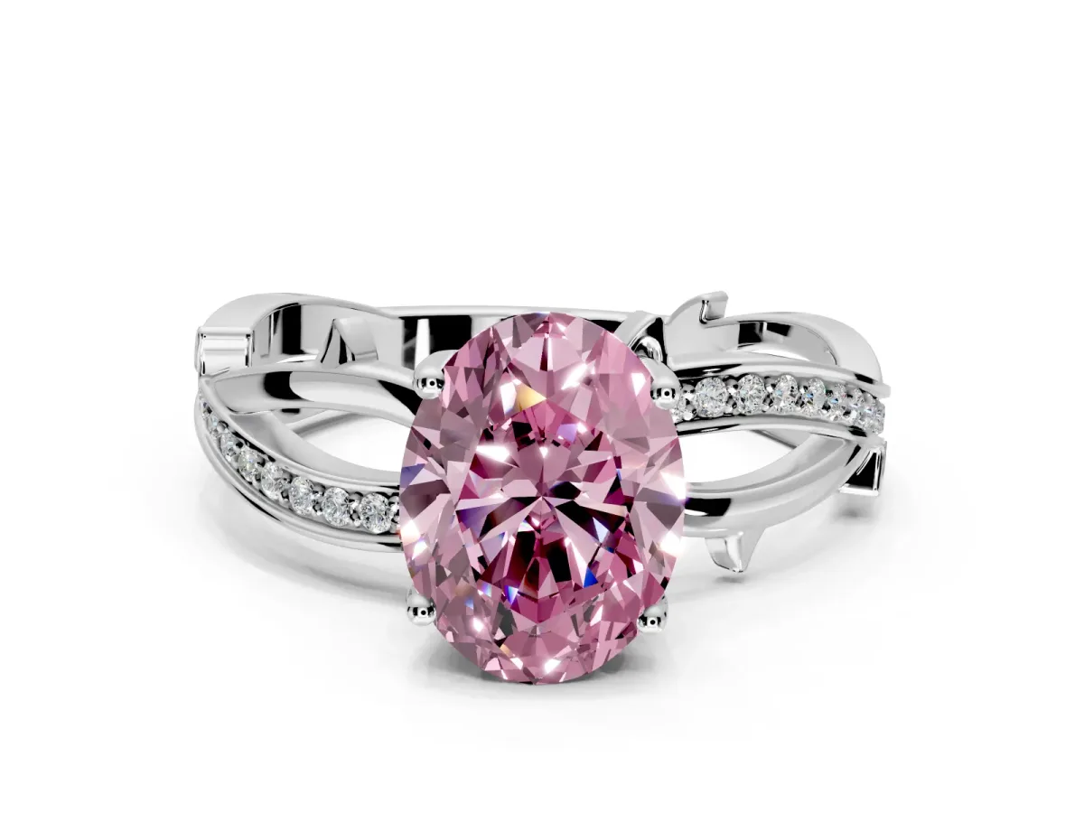 Solitaire Engagement Ring Setting for Fancy Pink Oval Center with Pave and Plain Crossover Band and Prong Head in Platinum