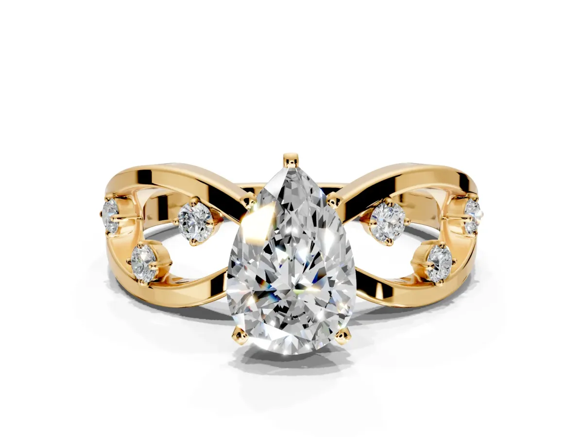 Solitaire Engagement Ring Setting for Pear-Shaped Center with Criss-Cross Accent Band and Prong Head in Yellow Gold