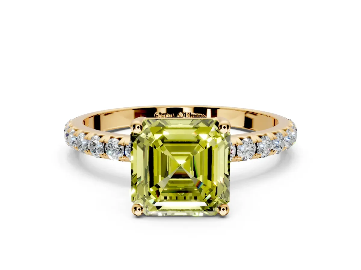 Solitaire Engagement Ring Setting for Fancy Yellow Asscher Cut Center with Micro Pave Band and Prong Head in Yellow Gold