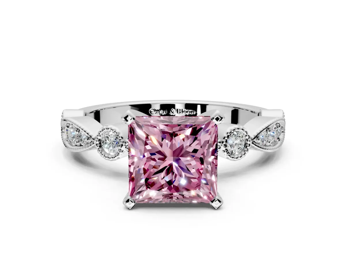 Solitaire Engagement Ring Setting for Fancy Pink Princess Cut Center with Milgrain Bezel Accents and Prong Head in Platinum