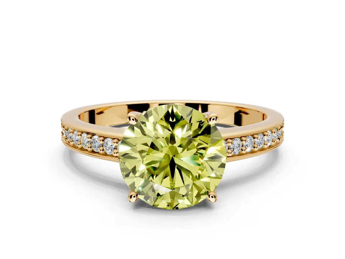 Solitaire Engagement Ring Setting for Fancy Yellow Round Cut Center with Channel-Set Accent Band and Prong Head in Yellow Gold