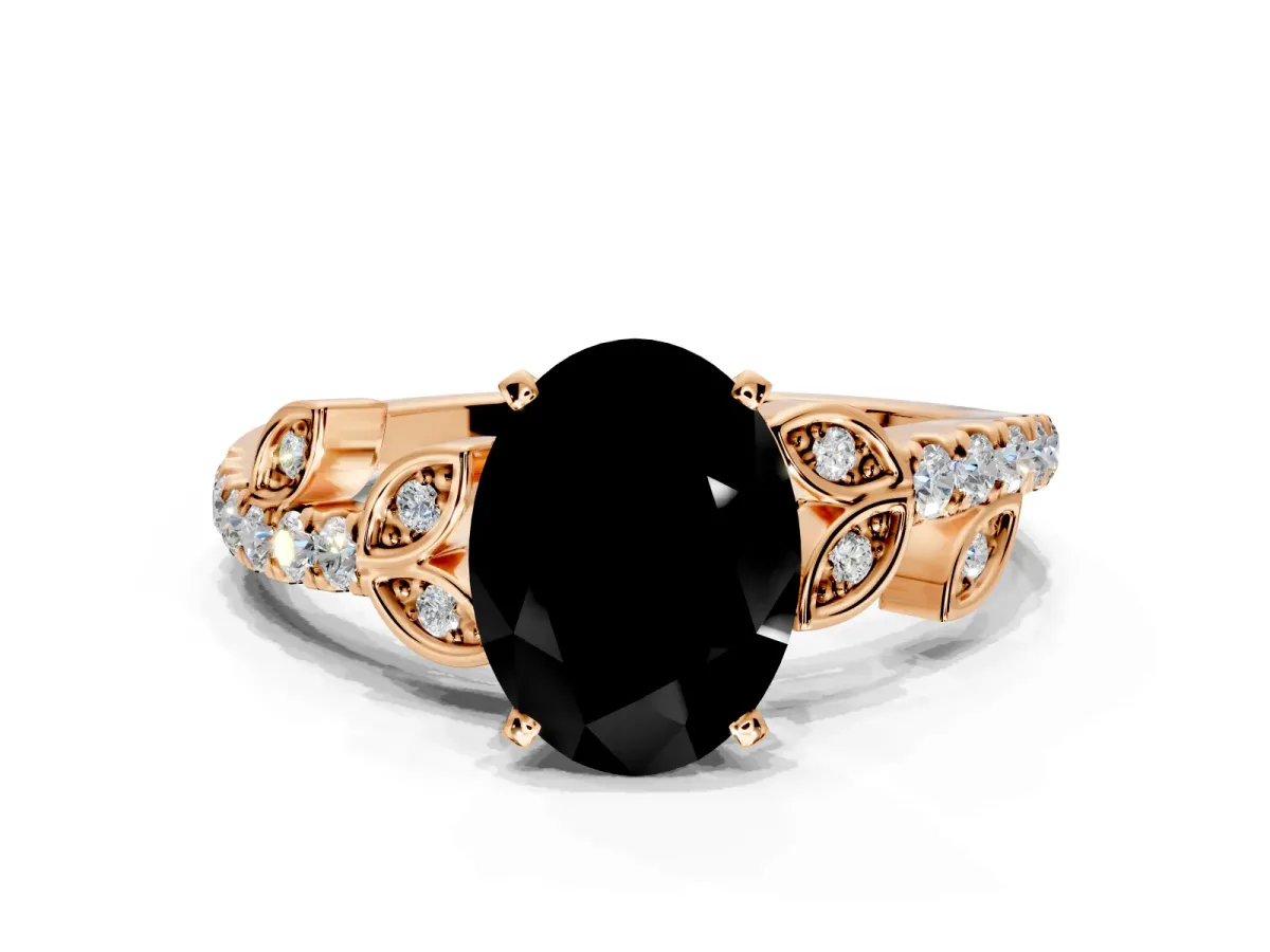 Leaf Motif Engagement Ring Setting for Fancy Black Oval Center with Pave Band and Prong Head in Rose Gold