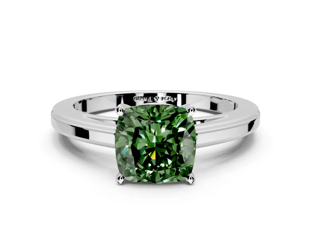 Solitaire Engagement Ring Setting for Fancy Green Cushion Cut Center with Flat-Sided Plain Band and Prong Head in White Gold