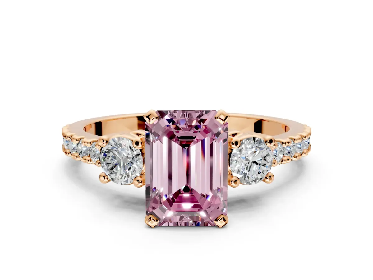 3 Stone Engagement Ring Setting for Fancy Pink Emerald Cut Center with Round Cut Side Accents and Prong Head in Rose Gold