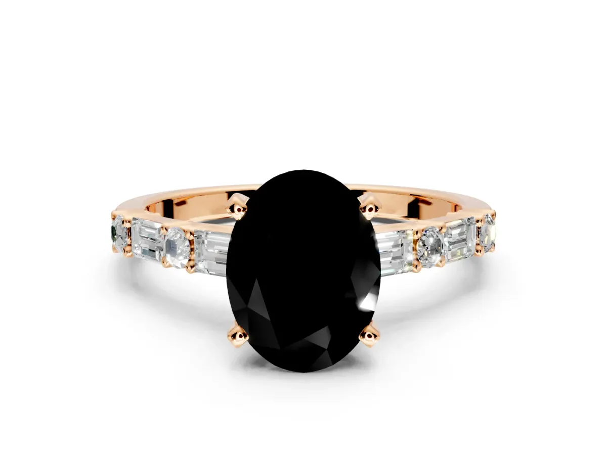 Baguette Engagement Ring Setting for Fancy Black Oval Center with Alternating Bar-Set Band and Prong Head in Rose Gold