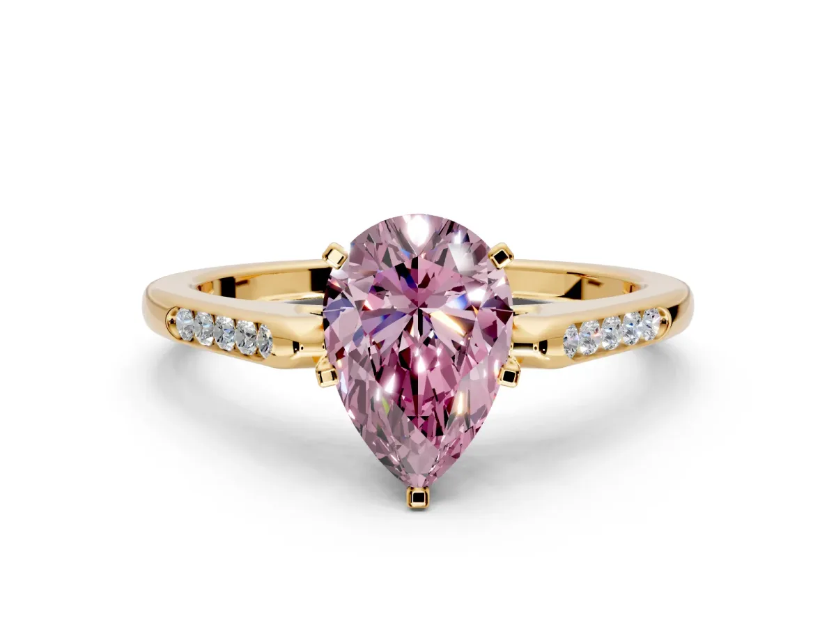 Solitaire Engagement Ring Setting for Fancy Pink Pear-Shaped Center with Channel Accents and Prong Head in Yellow Gold