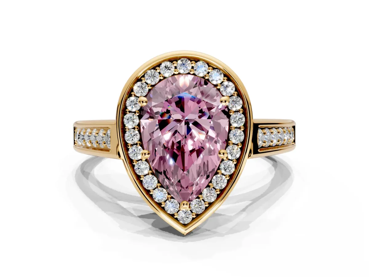 Halo Engagement Ring Setting for Fancy Pink Pear-Shaped Center with Outer Bezel Rim, Pave Band and Prong Head in Yellow Gold