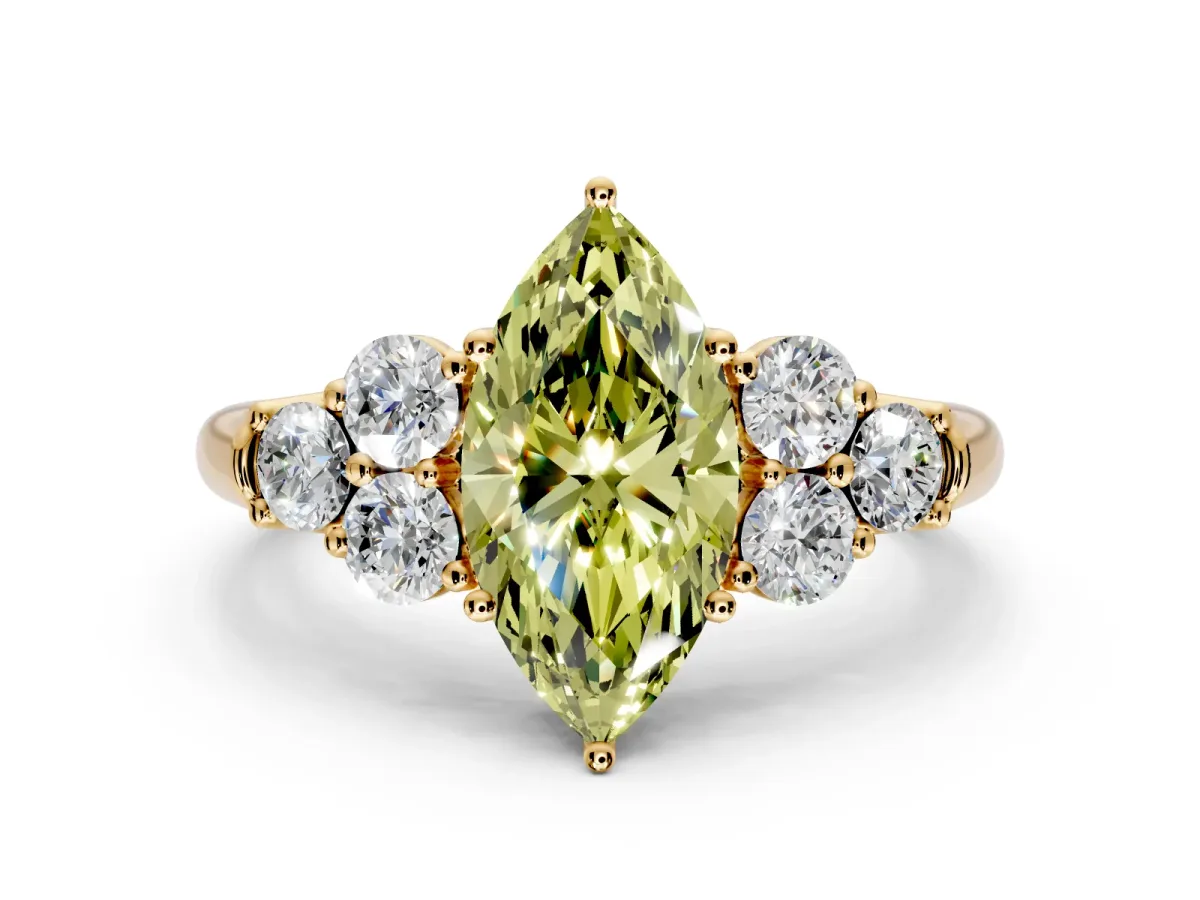 Cluster Engagement Ring Setting for Fancy Yellow Marquise Center with Round Cut Accent Frame and Prong Head in Yellow Gold