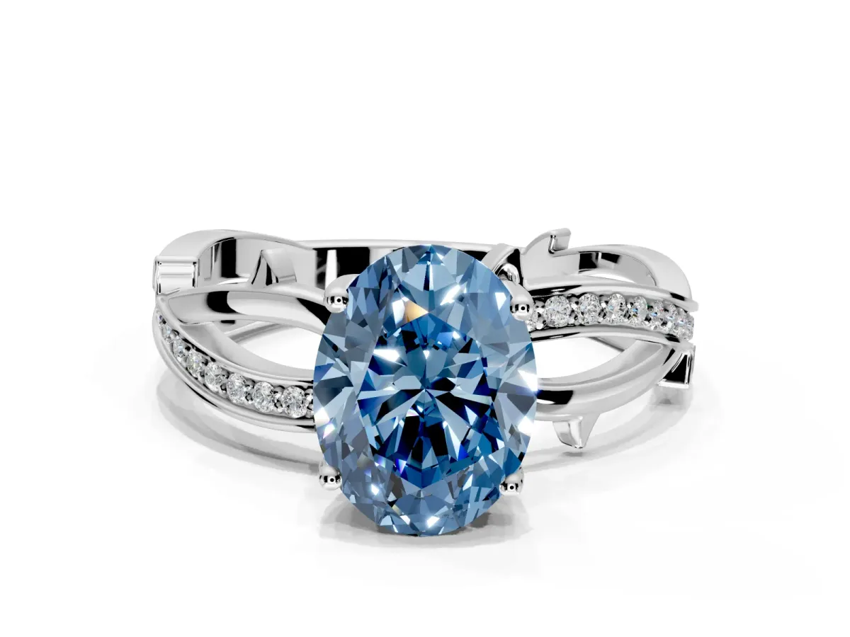 Solitaire Engagement Ring Setting for Fancy Blue Oval Center with Pave and Plain Crossover Band and Prong Head in Sterling Silver