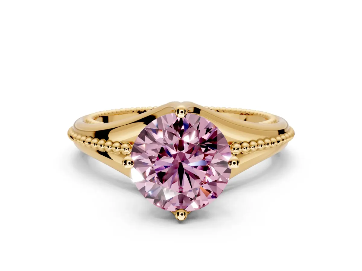 Solitaire Engagement Ring Setting for Fancy Pink Round Cut Center with Milgrain Cathedral Band and Prong Head in Yellow Gold