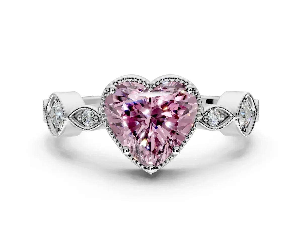 Vintage Station Engagement Ring Setting for Fancy Pink Heart-Shaped Center with Accents and Prong Head in White Gold