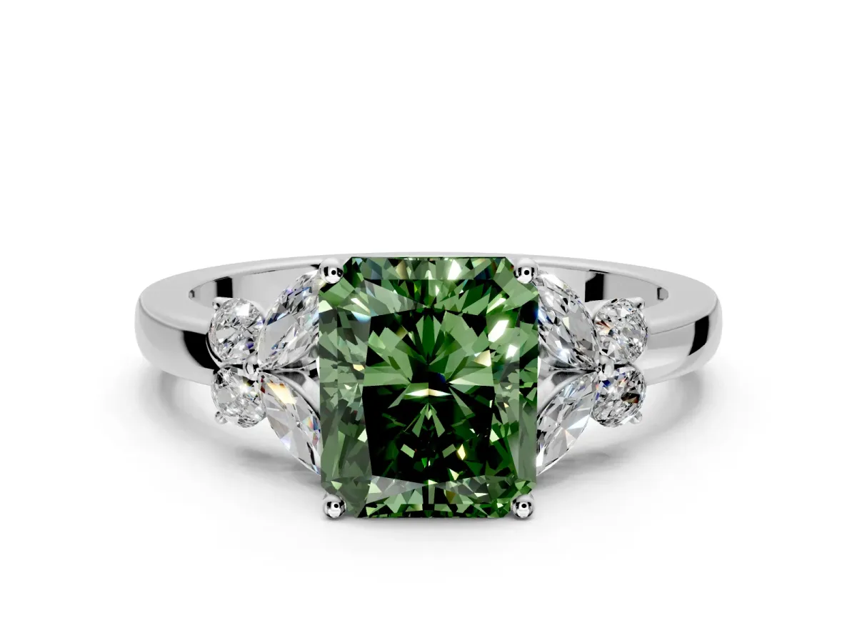 Solitaire Engagement Ring Setting for Fancy Green Radiant Cut Center with Marquise Flower Shoulders and Prong Head in Sterling Silver
