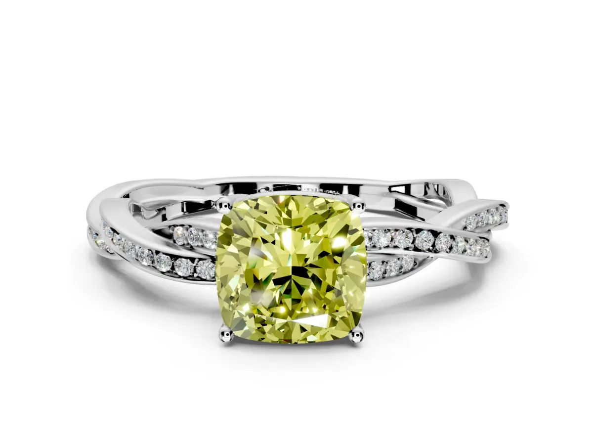 Solitaire Engagement Ring Setting for Fancy Yellow Cushion Cut Center with Twisted Pave Band and Prong Head in White Gold