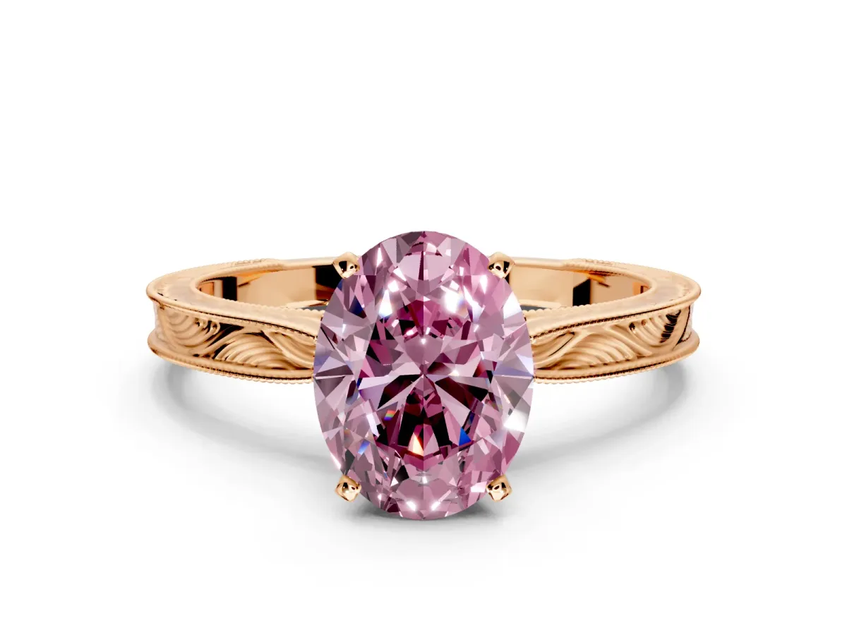 Solitaire Engagement Ring Setting for Fancy Pink Oval Center with Engraved Milgrain Band and Prong Head in Rose Gold