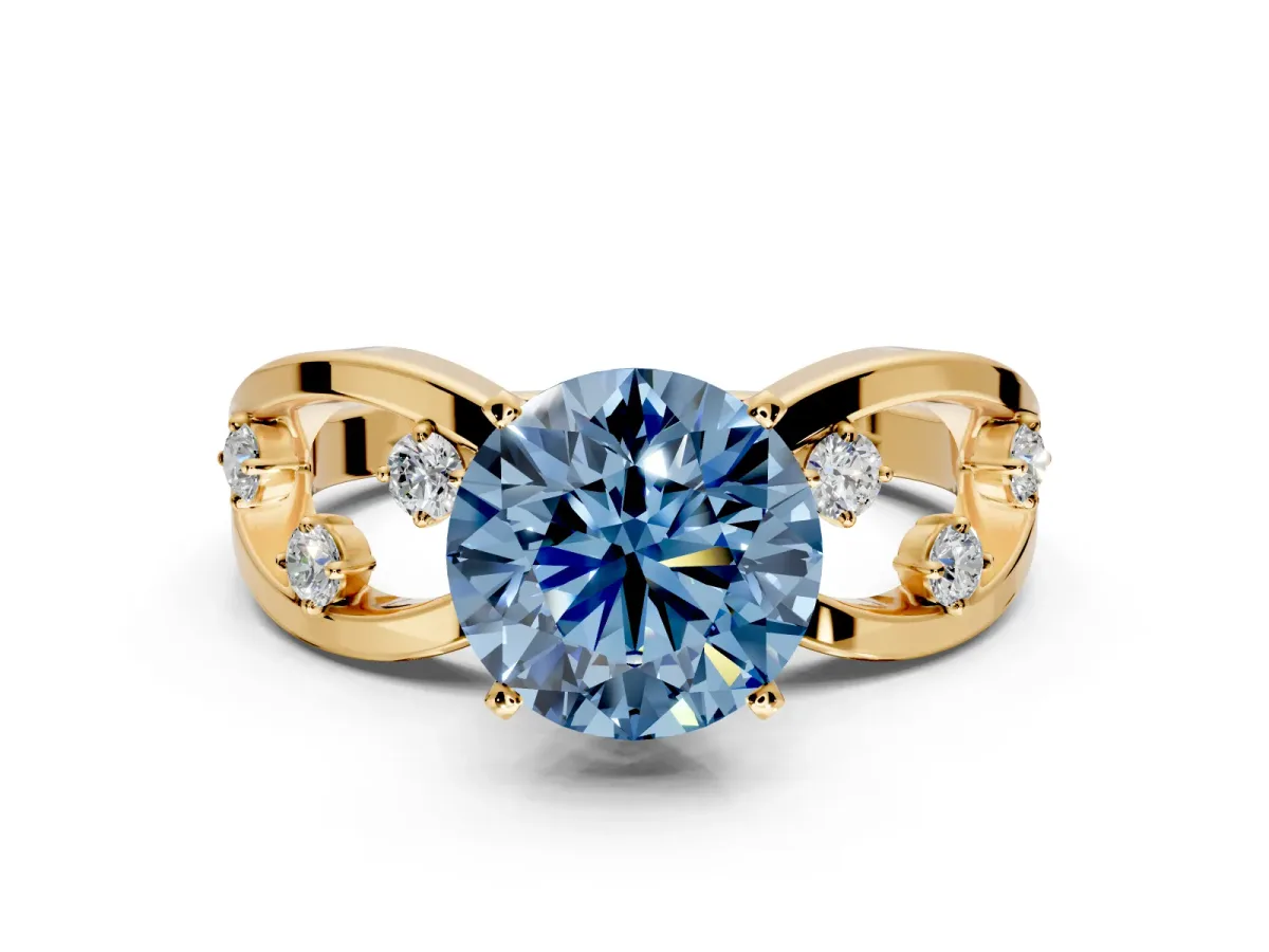 Solitaire Engagement Ring Setting for Fancy Blue Round Cut Center with Criss-Cross Accent Band and Prong Head in Yellow Gold
