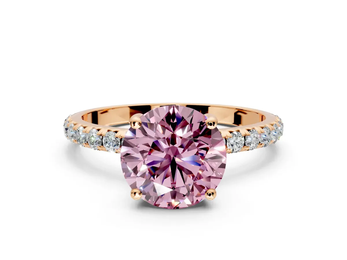 Solitaire Engagement Ring Setting for Fancy Pink Round Cut Center with Micro Pave Band and Prong Head in Rose Gold