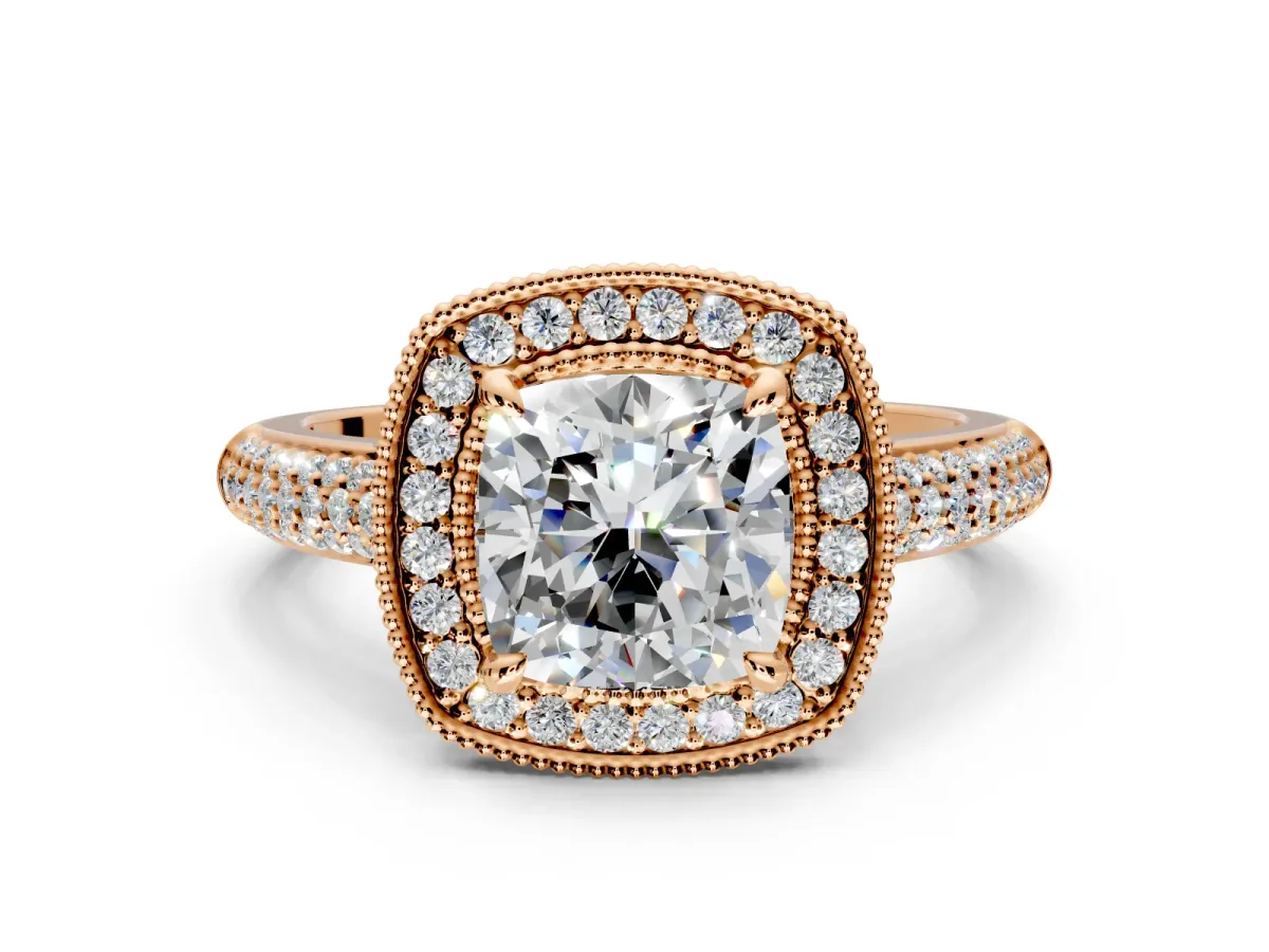 Milgrain Halo Engagement Ring Setting for Cushion Cut Center with Three-Sided Pave Band and Prong Head in Rose Gold