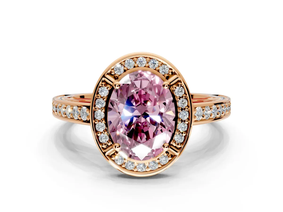 Halo Engagement Ring Setting for Fancy Pink Oval Center with Framed Halo, Pave Band and Prong Head in Rose Gold