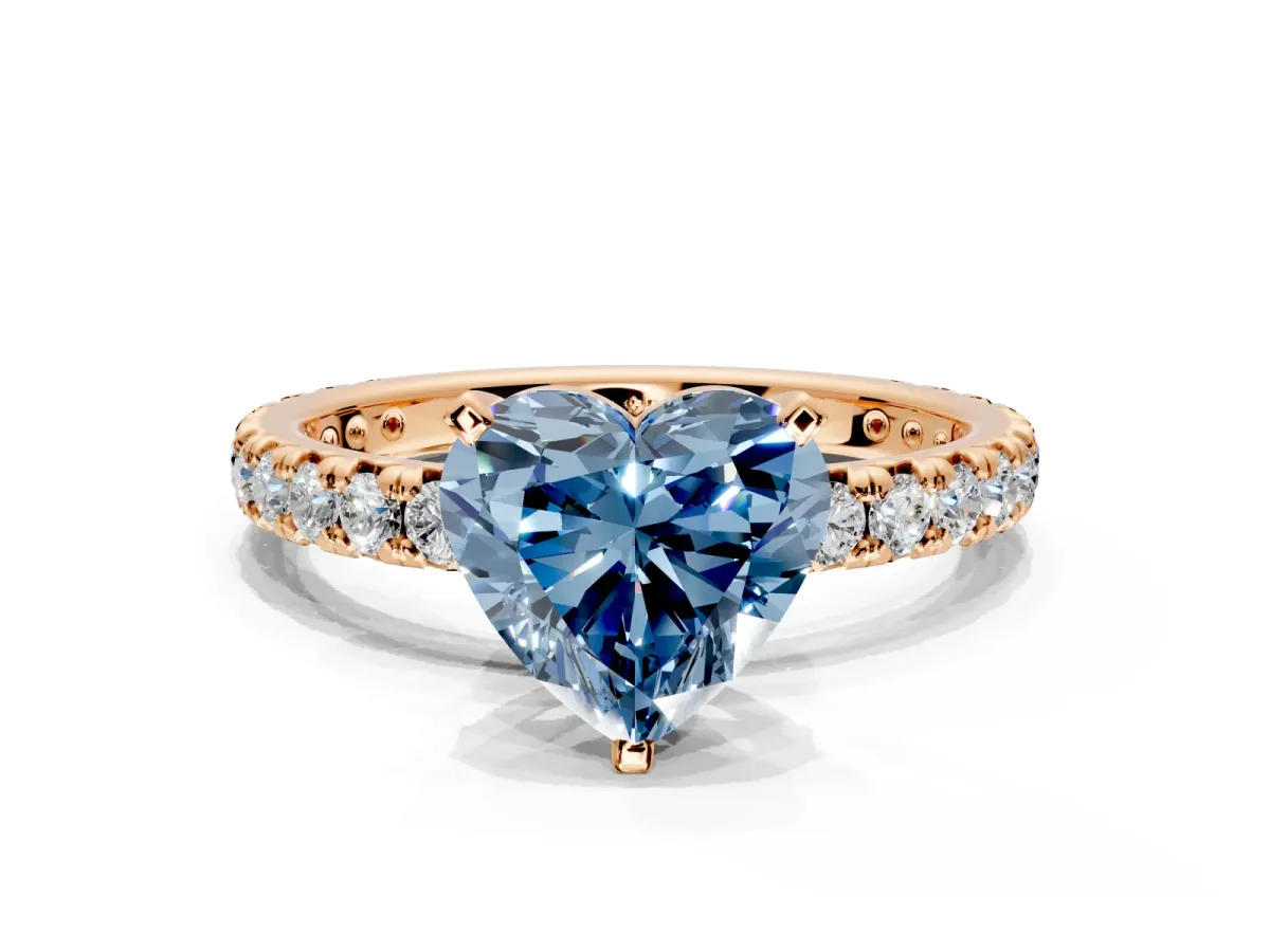 Solitaire Engagement Ring Setting for Fancy Blue Heart-Shaped Center with Shared-Prong Accents and Prong Head in Rose Gold