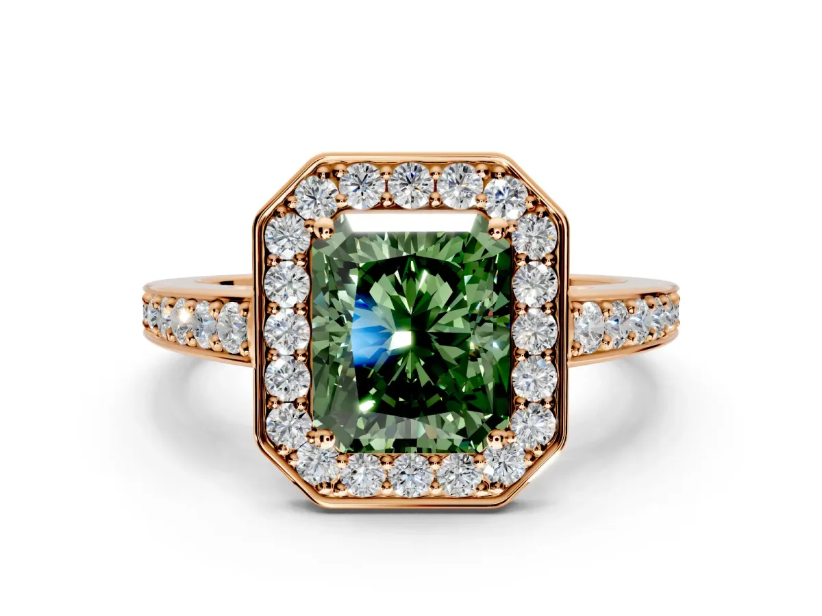 Bezel-Framed Halo Engagement Ring Setting for Fancy Green Radiant Cut Center with Pave Band and Prong Head in Rose Gold