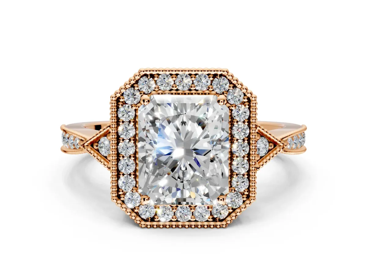 Halo Engagement Ring Setting for Radiant Cut Center with Milgrain Rim, Pave Band and Prong Head in Rose Gold