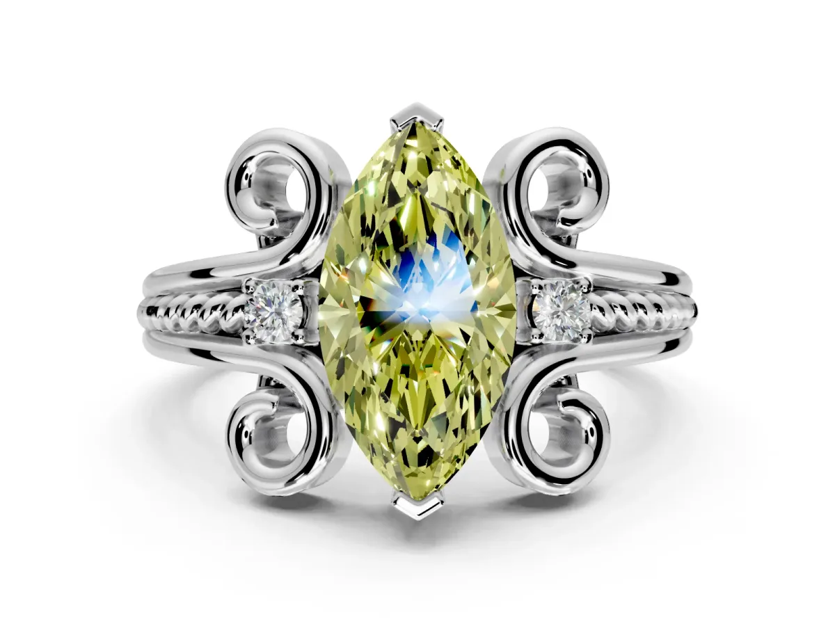 Solitaire Engagement Ring Setting for Fancy Yellow Marquise Center with Twisted Band and Scroll Prong Head in Platinum