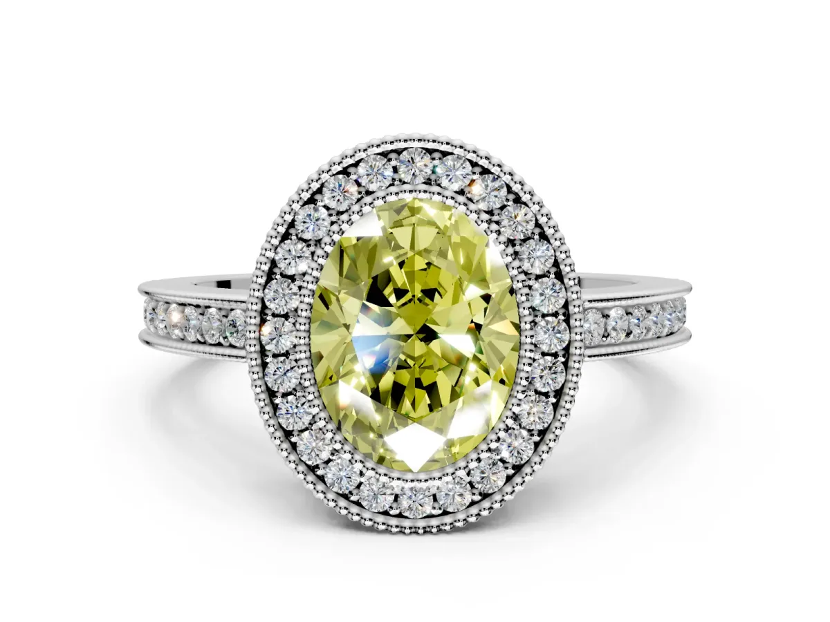 Halo Engagement Ring Setting for Fancy Yellow Oval Center with Milgrain Halo, Pave Band and Prong Head in White Gold
