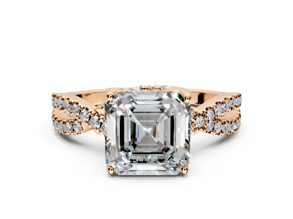 Solitaire Engagement Ring Setting for Asscher Cut Center with Narrow Twist Pave Band and Prong Head in Rose Gold