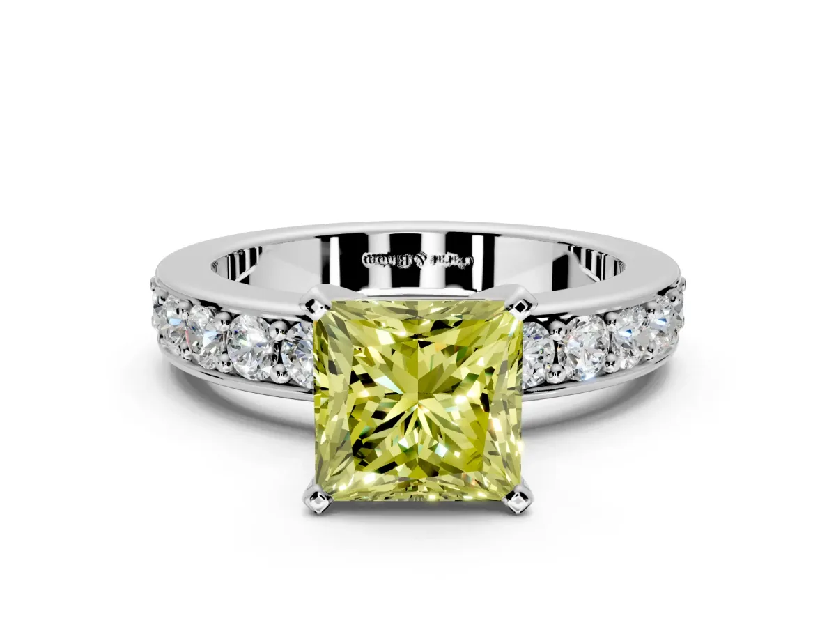 Solitaire Engagement Ring Setting for Fancy Yellow Princess Cut Center with Channel-Set Accents and Prong Head in White Gold
