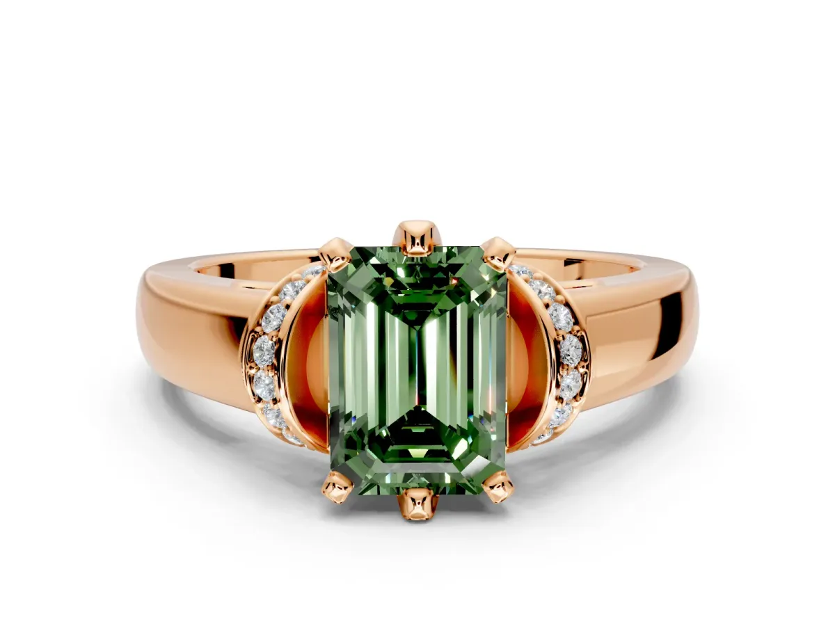 Solitaire Engagement Ring Setting for Fancy Green Emerald Cut Center with Wide Band, Pave Collar and Prong Head in Rose Gold