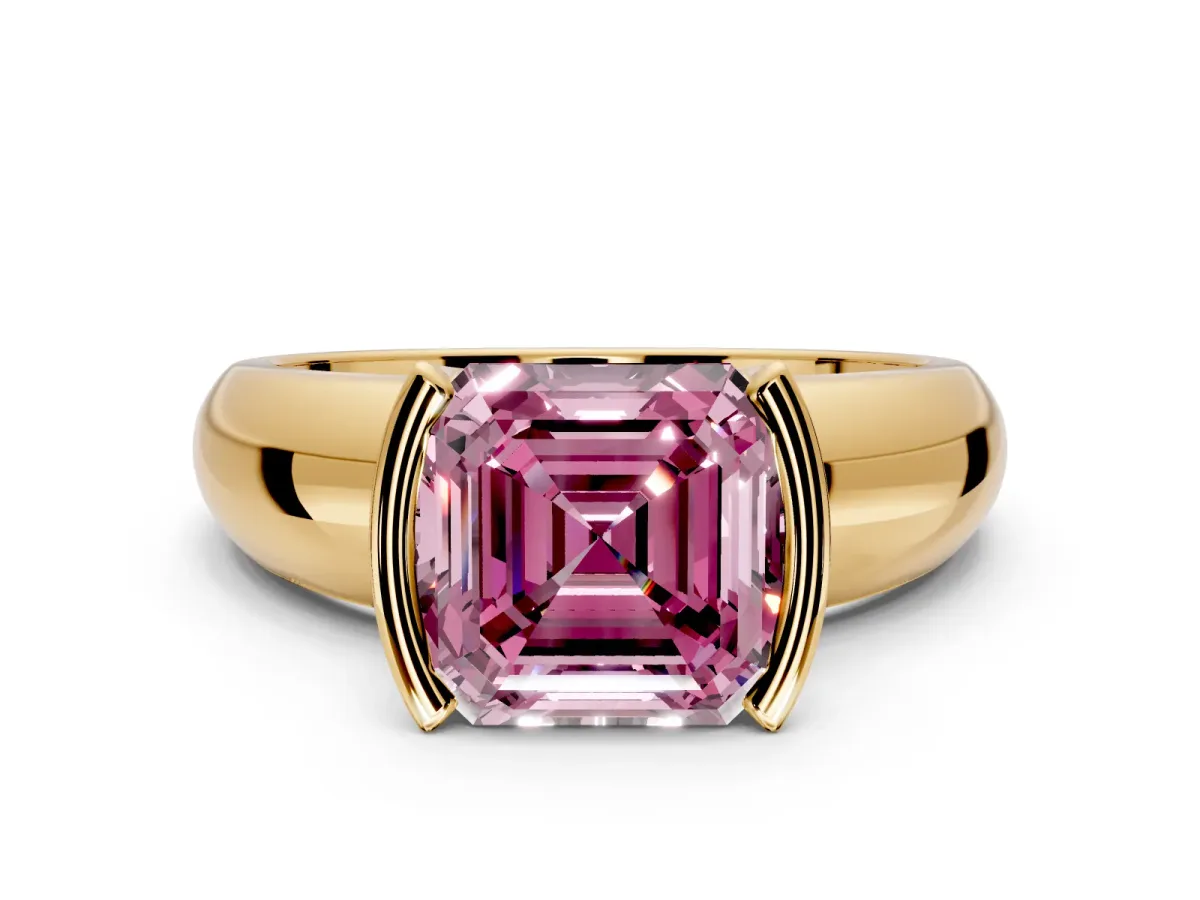 Tension Engagement Ring Setting for Fancy Pink Asscher Cut Center with Wide Flat Band and Tension Head in Yellow Gold