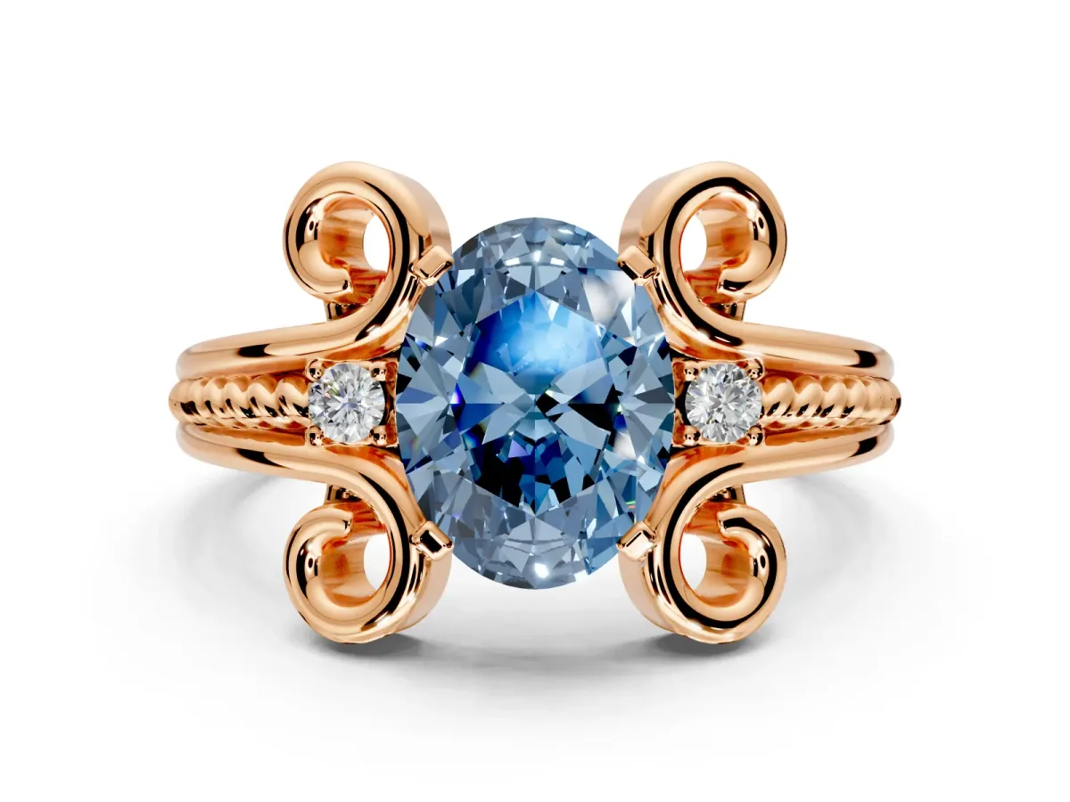 Solitaire Engagement Ring Setting for Fancy Blue Oval Center with Twisted Band and Scroll Prong Head in Rose Gold