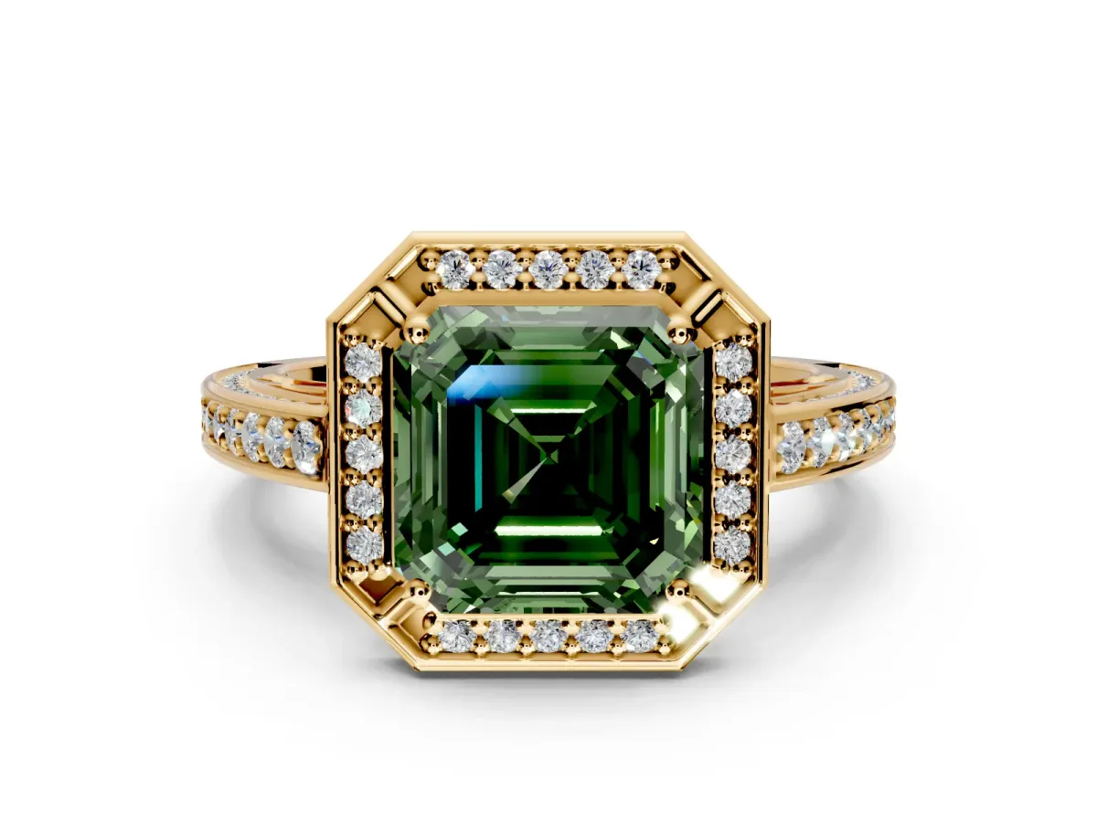 Halo Engagement Ring Setting for Fancy Green Asscher Cut Center with Framed Halo, Pave Band and Prong Head in Yellow Gold