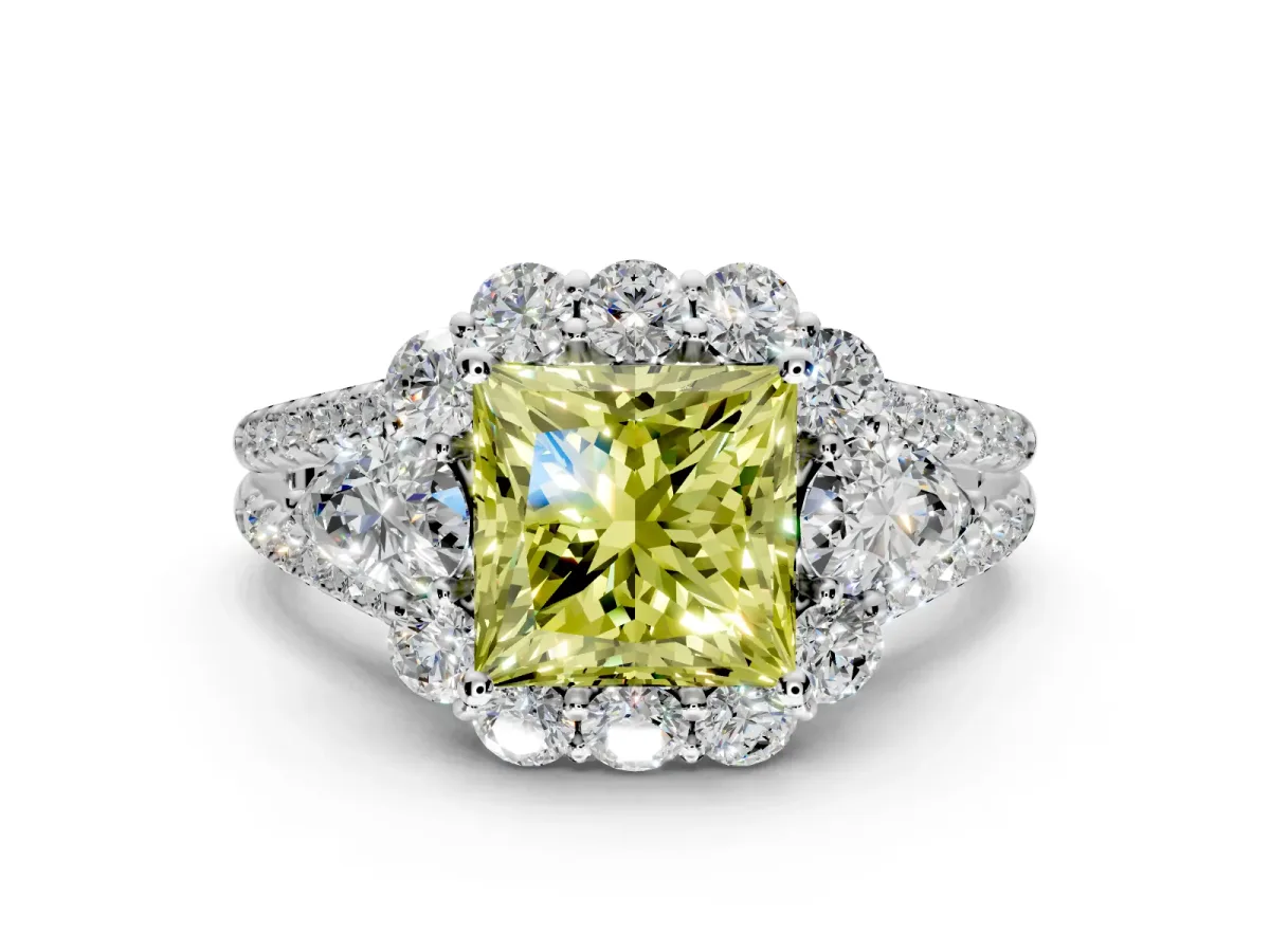 Halo Engagement Ring Setting for Fancy Yellow Princess Cut Center with Two-Strand Split Shank and Prong Head in Platinum