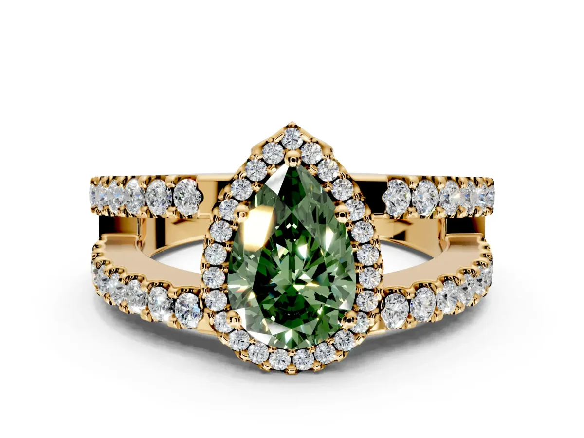 Halo Engagement Ring Setting for Fancy Green Pear-Shaped Center with Wide-Open Pave Split Shank and Prong Head in Yellow Gold