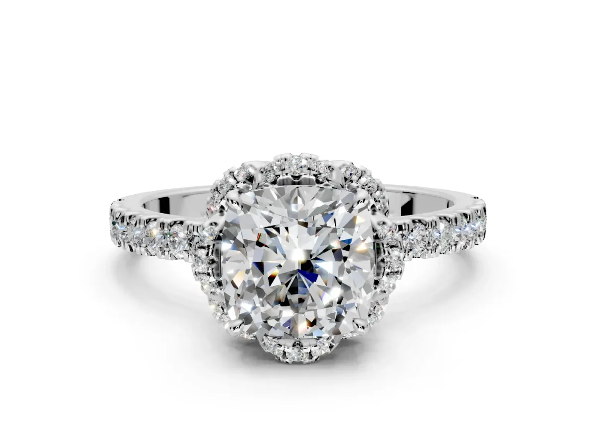 Halo Engagement Ring Setting for Cushion Cut Center with Openwork Halo, Pave Band and Prong Head in Platinum