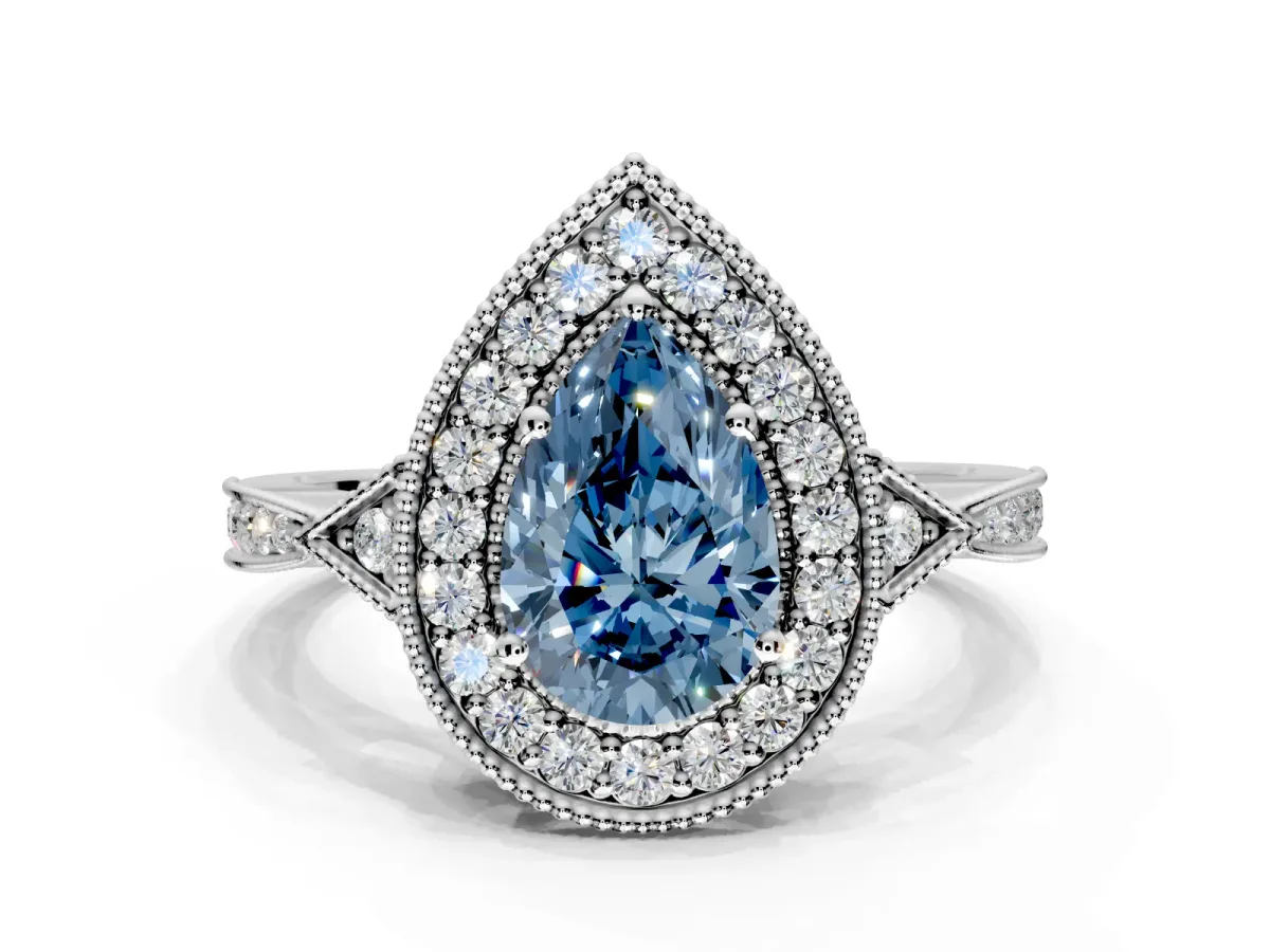 Halo Engagement Ring Setting for Fancy Blue Pear-Shaped Center with Milgrain Rim, Pave Band and Prong Head in White Gold