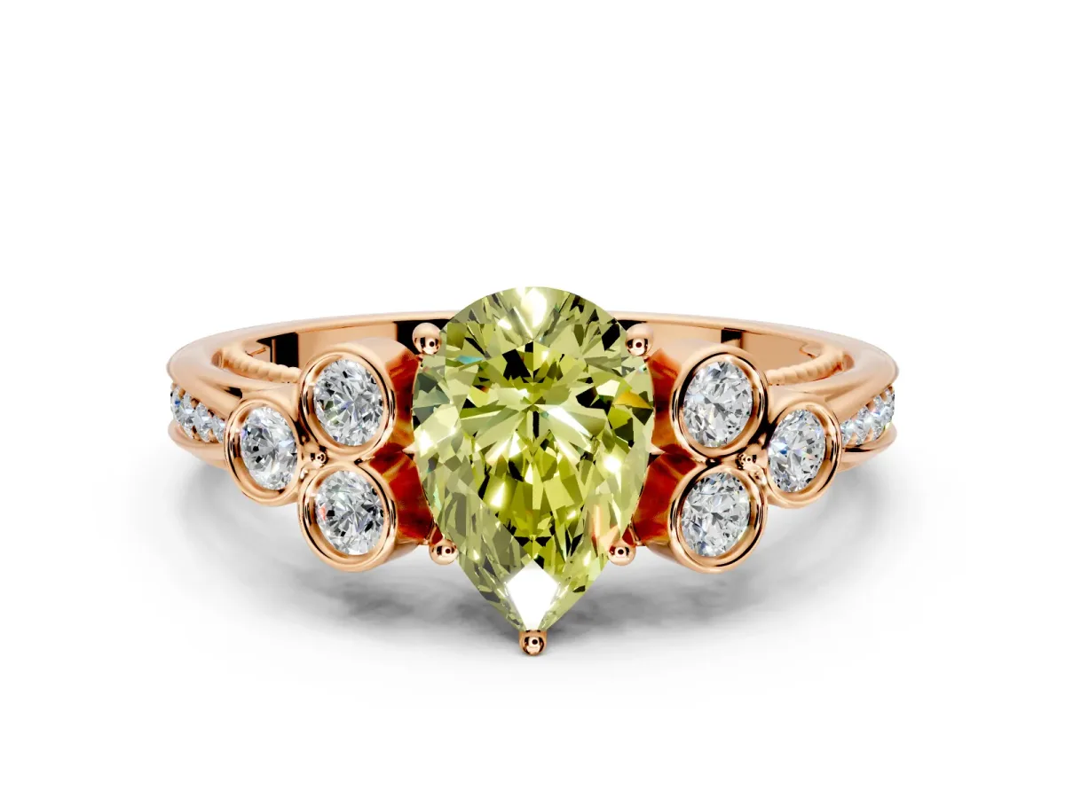 Cluster Engagement Ring Setting for Fancy Yellow Pear-Shaped Center with Bezel Accent Clusters and Prong Head in Rose Gold